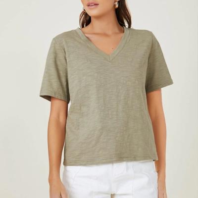 China Anti-Wrinkle Women Tops Basics V-Neck T-Shirts Cotton Polyester Tee Shirts Simple Casual Solid Women's T-shirt for sale