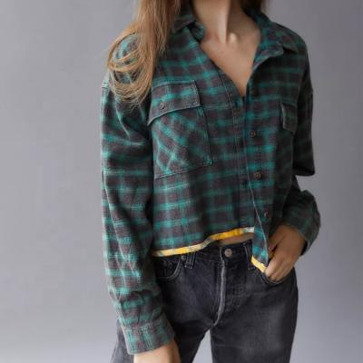 China Wholesale Custom Crop Top Lady Anti-Shrink Plaid Long Sleeve Flannel Shirt Fashion Blouse Shirts For Women for sale