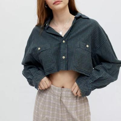 China Wholesale Fashion Anti-Shrink Button Down Plaid Blouses and Overshirt Women's Crop Top Plaid Long Sleeve Shirt Shirts for sale