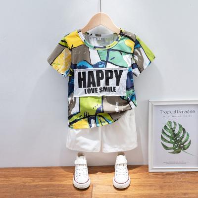 China Casual drop shipping recently fashion kids boys clothing print t sirt shorts 100% cotton fabric 2 piece set boy summer clothes for sale