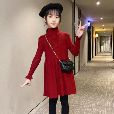 China 2020 Breathable Wholesale Red Kids Toddler Girls Knit Turtle Neck A Line Sweater Dresses for sale