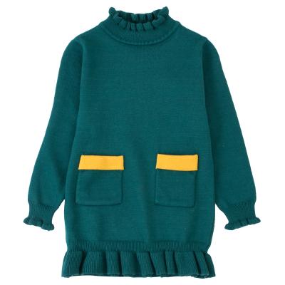 China 2020 Anti-static Stylish Kids Fall Clothing High Ruffle Neck Solid Color Patch Pocket Girls Sweater Dress for sale