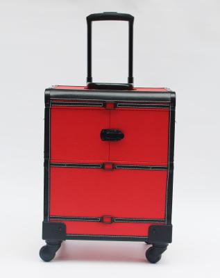 China Red-Black leather makeup trolley case with wheels for sale