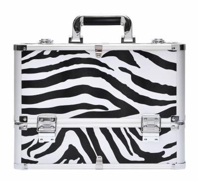 China Portable beauty case zebra aluminum cosmetic case with trays travel case makeup for sale