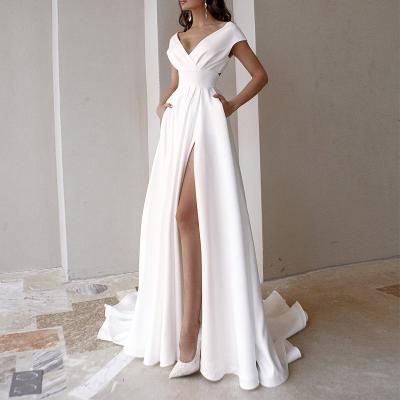 China Breathable Formal Same White Slit V-Neckline Solid Satin Ladies Women Cocktail Dresses Maxi Dress for sale