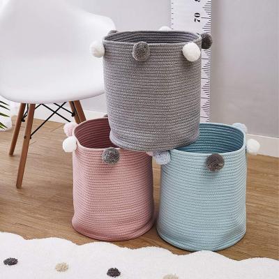 China Cotton Viable Multicolor Rope Woven Wool Ball Storage Basket Cotton Rope Basket With Tassel Rope Decor Woven Laundry Basket for sale