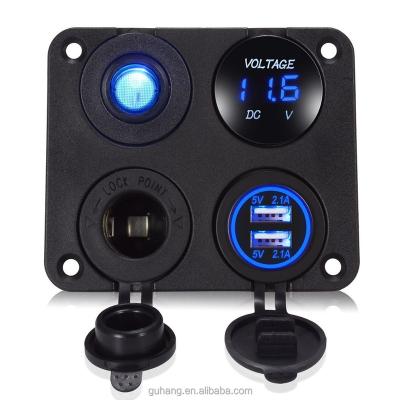 China New 4 Hole Panel Dual USB China-chic Mount 12v Socket Charger + Blue LED Voltmeter + 12V Power Outlet + ON-OFF Inverter for sale