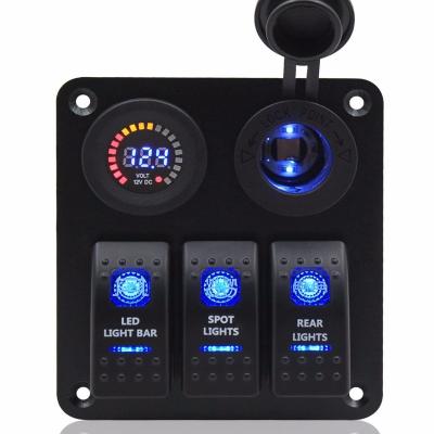 China 3 Gang LED 12V-24V Marine Breaker Rocker Switch ON-OFF Panel with Coloful Test Voltmeter and 3.1A Dual USB Charger for sale