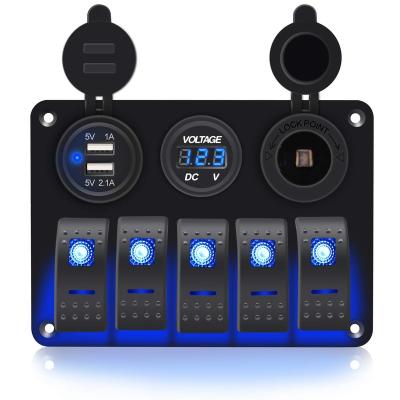 China Marine Boat Aluminum 5 Strip Rocker Switch ON-OFF Panel with 3.1A USB + 12v +Volt Power Outlet Meter Blue LED Light for Vehicles for sale