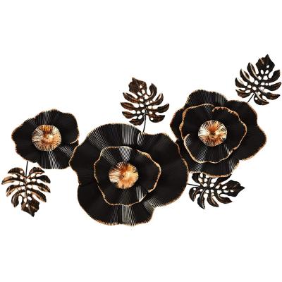 China 2021 Europe vintage 3D black&gold iron antique finish flower living room metal wall flower decoration for sale