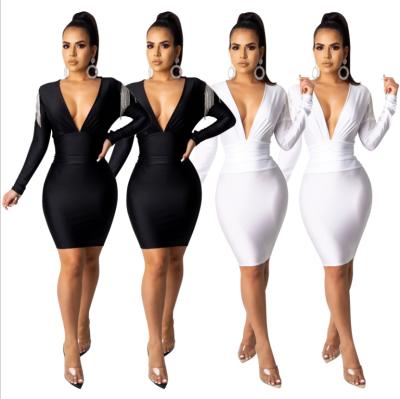 China Women's Long Sleeve Solid Color Diamond Deep Breathable V-Neck Tassels Swing Midi Jumpsuit Casual Dresses for sale