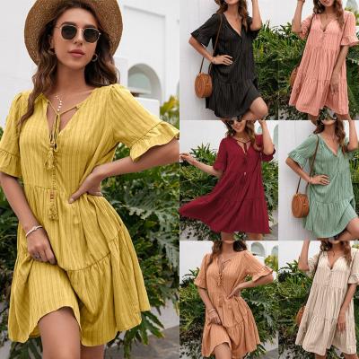 China 2021 Summer New Women's Short Sleeve Dress Anti-static Casual Loose Mid Length Sweatshirt V Neck for sale