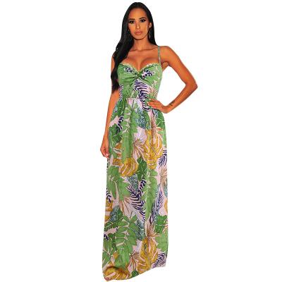 China Wholesale Price Breathable Fashion Summer Beach Floral Leaf Printed Slip Dresses Maxi Long For Lady for sale