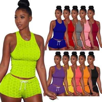 China Pineapple QUICK DRY Pure Super Stretch Fabric Color Sports Leisure Yoga Sleeveless Pants Suits Sleeveless Top + Shorts Two Piece Suit for sale