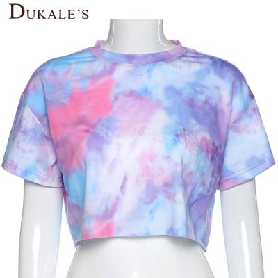 China Anti Shrink Crop Top T Shirt Tie Dye Tie Dye T Shirt Boxy Women Simple T Shirt Summer Off Shoulder Crop Belly Top Tie Dye T Shirt of culture for sale