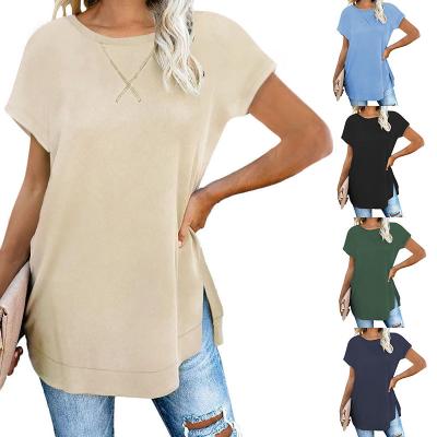 China Modern Design Cheap Anti-pilling Short Sleeve Round Neck Women Summer Blouses for sale