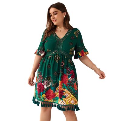 China Anti-Static Summer Dresses New Plus Size Women Dress Short Sleeve Mid-CAF Skirt Floral Dress Hot Sale Boho Style Holiday Dresses for sale