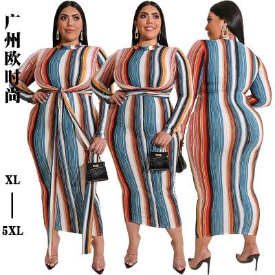 China 2020 New Fashion Color Striped Tie Two Ways Breathable Long Winter Breathable Plus Size Women's Dress for sale