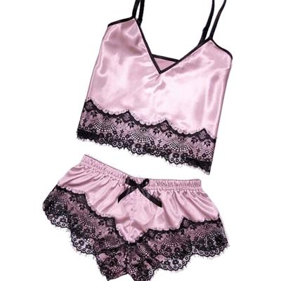 China Hot Two Piece QUICK DRY Women Pajamas Cami Shorts Set Chemise Lace V-Neck Satin Nightgowns PAJAMAS Silk Pajamas Set For Women for sale