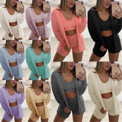 China Wholesale Hot Pajamas QUICK DRY 3 Pieces Set Soft Pajamas Shear Plush Hooded Sleepwear Nightgowns Lounge Sets Women for sale