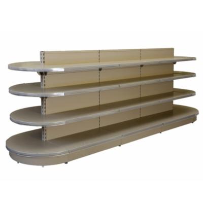 China Double Sided Double Sided High Quality Cold Rolled Steel Supermarket Gondola Shelf With Round End Frame For Supermarket zu verkaufen