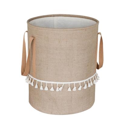 China Good Quality Bucket Art Style Tassel Cloth Jute Price Storage Foldable Toy Storage Basket Suitable for Home Storage for sale