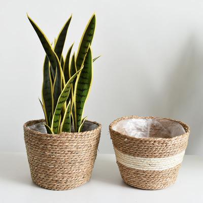 China Wholesale Corrosion Resistance Straw Flower Pots With Plant Mats, Hotel Handwoven Lobby Furnishings Potted Succulent Planting Decoration for sale