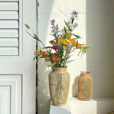 China Flower handmade glass cultivation living room home decoration vase rattan container restaurant hotel transparent vase decoration for sale