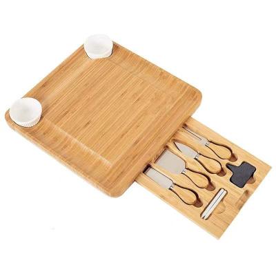 China Sustainable Natural Bamboo Cheese Dish With Knife Set Four-piece Set Rustic Style Western Food Serving Dish for sale