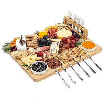 China Sustainable Natural Unlacquered Bamboo Bamboo Cheese Board With Multifunction Knife Steak Board With Fork for sale