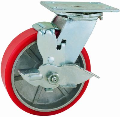 China Swivel with side brake red 44 series raceway pivot structure double ball PU on aluminum caster with side brake for sale