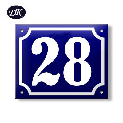 China EU Blue Door Plate Enamel Old House Number 28 Old House Number Steel Metal Sign for sale