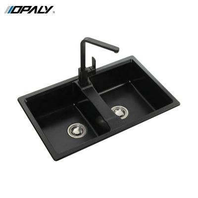 China Without Faucet Double Bowl Black Quartz Stone Granite Hot-selling Artificial Kitchen Sink for sale