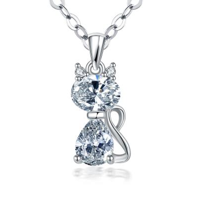 China Fashionable Copper Plated Design Lucky Jewelry Pendant Necklace Silver Crystal Cat Custom Animal Chain Rhodium for sale