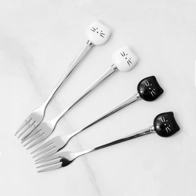 China White Ceramic Handle /Cartoon & black cat spoon fork