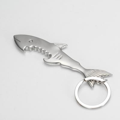 China Beer Bottle Opener Metal Key Chain Viable Shark Shaped Zinc Alloy Silver Color Key Ring Unique Creative Gift for sale