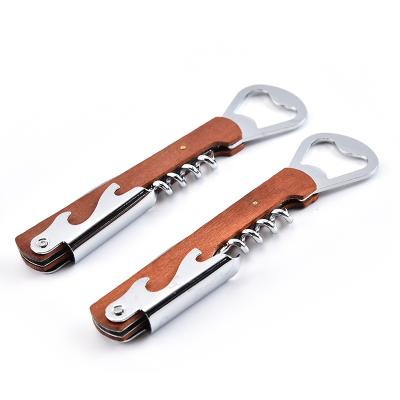 China Durable Stainless Steel Wood Handheld Corkscrew Luxury Double Handle Wine Bottle Opener Hinge Servers for sale