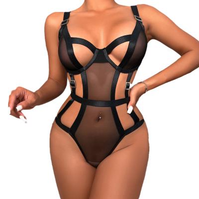 China Lace Plus Size Cavity Lace Sexy Erotic Women Fetish Body Harness Black Mesh See Through Bondage Bandage Catsuit Lingerie Set for sale