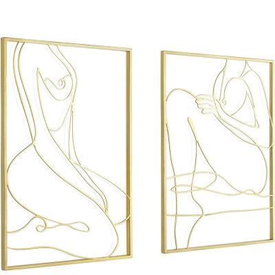 China Minimalist Modern Abstract Line Art Real Metal Farmhouse Home Decor Wall Decor Gold Decor Modern Thicker Wall Living Room Bedroom for sale