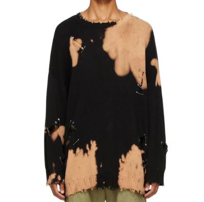 China Men QUICK DRY Black Bleached Cotton Tie Dye Distressed 100% Distressed Sweater With Safety Pin Detailing for sale