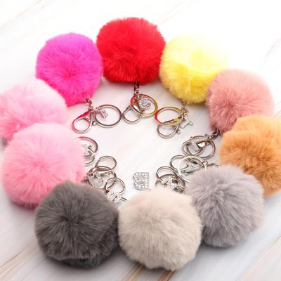 China Hot Sale Fluffy Faux Rabbit Fur Pompom Pompom Key Chain, Fur Balls Pompom Key Chain With Synthetic Diamonds Letter Key Ring for sale