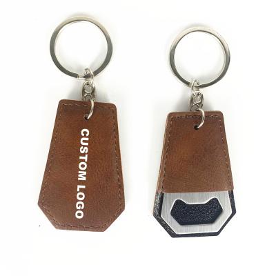 China Wholesale Luxury Customize Genuine Leather Laser Logo Engravable Beer Opener Keychain For Promotional for sale