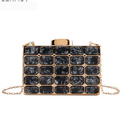 China Fashion Women Evening Clutch Bag Black Color Acrylic Metal Stripped Small Day Clutch With Shoulder Handbags Stand Side Chain Purse for sale