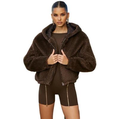 China Female Anti-Wrinkle Warm Autumn Fluffy Comfortable Short Long Sleeve Hooded Zipper Plus Size Winter Coat for sale