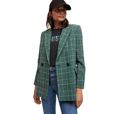 China Formal Anti-wrinkle Buttons Backing V Neck Plaid Long Sleeve Mature Office Suit Women Formal Suit Set for sale