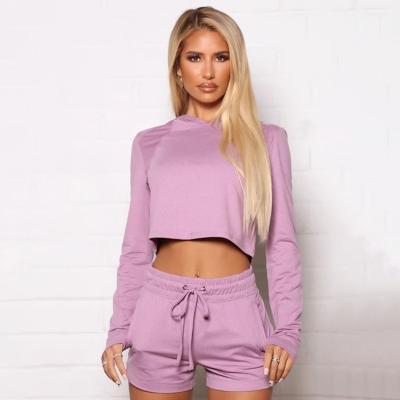 China Breathable Comfortable Running Long Sleeve Tops And Shorts Womens Sweatshirt Two Piece Sets for sale