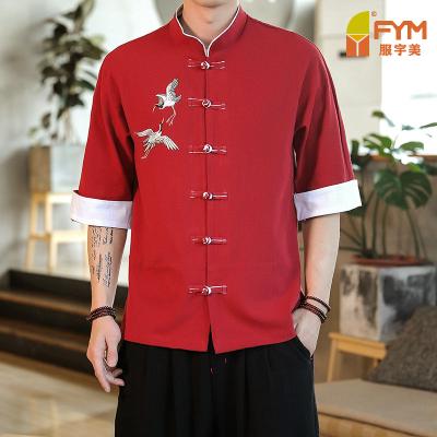 China Anti-wrinkle Chinese Style Three Quarter Sleeve Canvas Embroidered Casual Men's Shirts for sale