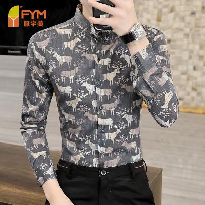 China Fashion Pattern Anti-pilling Wholesale Printing Men's Formal Long Sleeve Men's Digital Shirt Polyester Cotton Shirt Animal Deer Shirt for sale