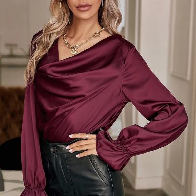 China 2022 latest design Anti-wrinkle women's clothing swing v-neck design sexy elegant trumpet sleeve tops satin pullover collar for sale