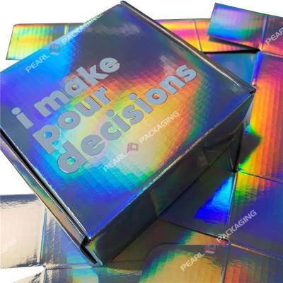 China Recyclable Custom Brand Holographic Logo Corrugated Shipping Box Embossed Holographic Logo Gift Announcement Box for sale